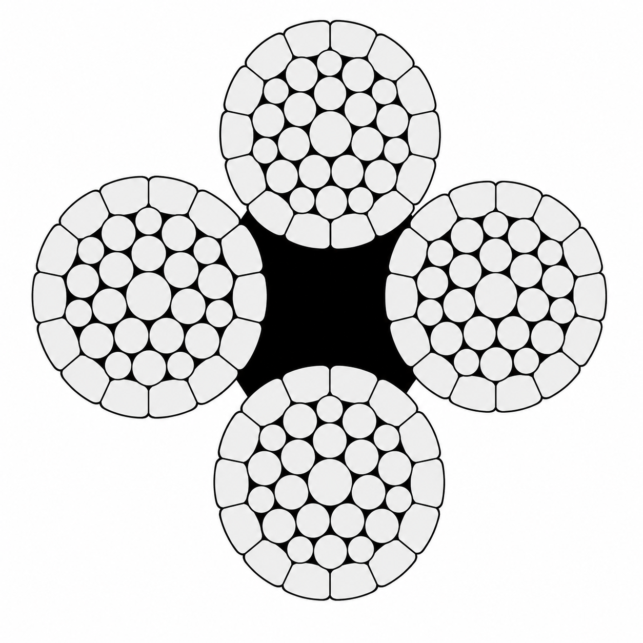 4×K36WS compacted fiber core wire rope cross-section showing four compacted Warrington Seale strands surrounding a fiber core.