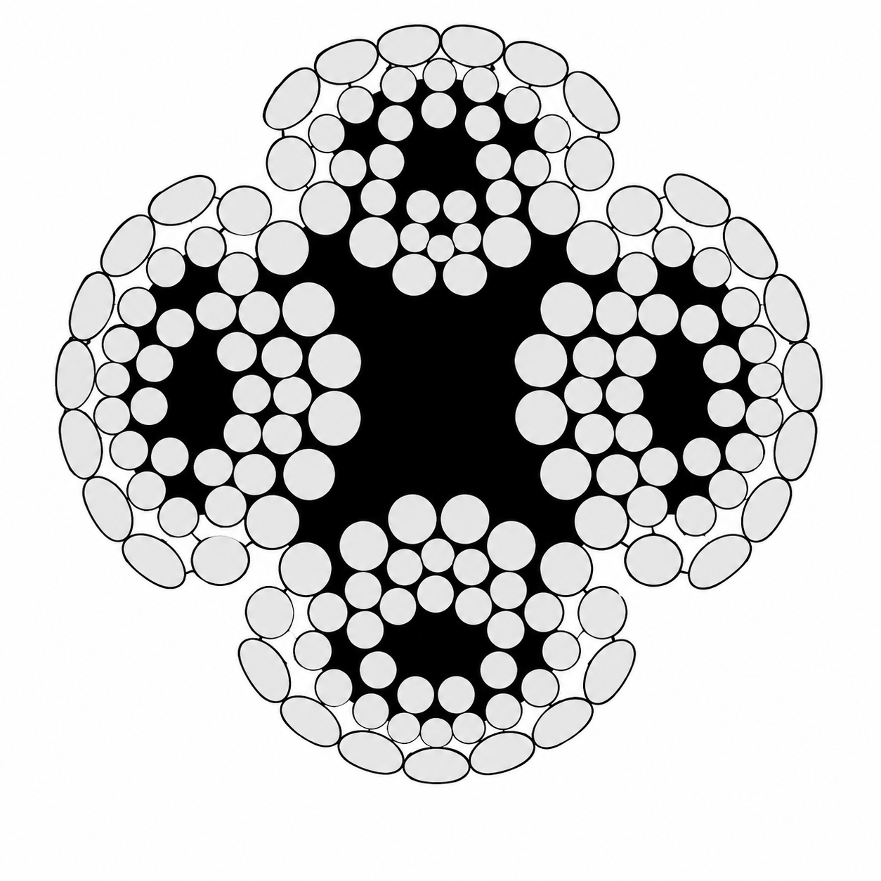 4×39 fiber core wire rope cross-section showing four 39-wire strands surrounding a fiber core.