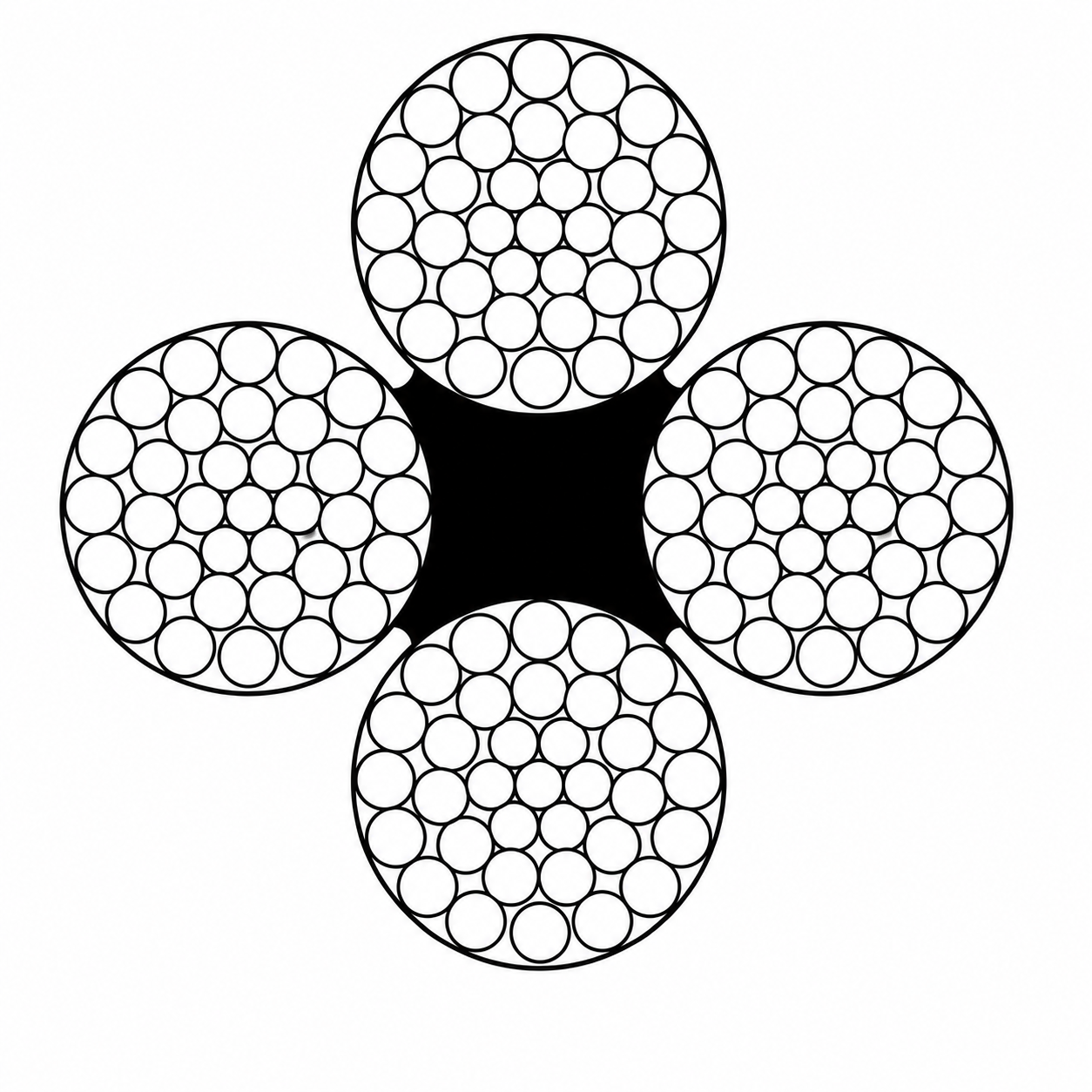 4×K36WS compacted fiber core wire rope cross-section showing four compacted Warrington Seale strands surrounding a fiber core.