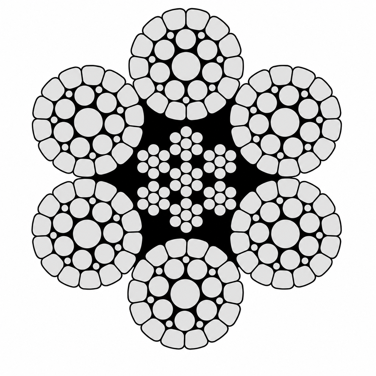 6×K29(Fi) compacted steel core wire rope cross-section showing six compacted filler wire strands surrounding an independent wire rope core.