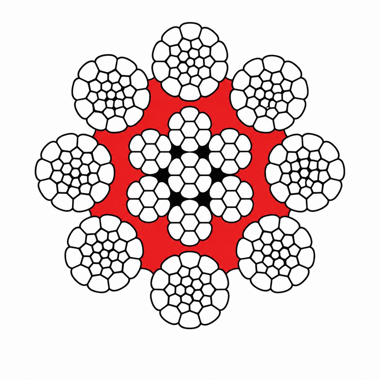 8-strand compacted wire rope cross-section showing eight compacted outer strands surrounding a compacted steel core.