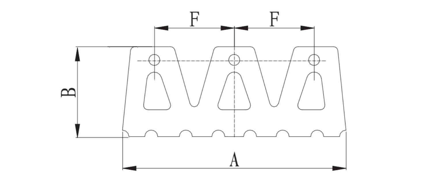 Technical diagram of M-type rubber fender with dimensional labels A, B, C, D, and E.