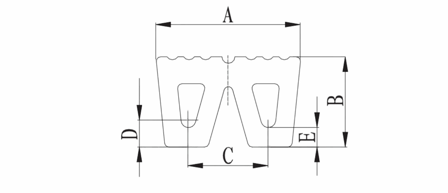 Technical drawing of W-type rubber fender with mounting holes and dimensions.