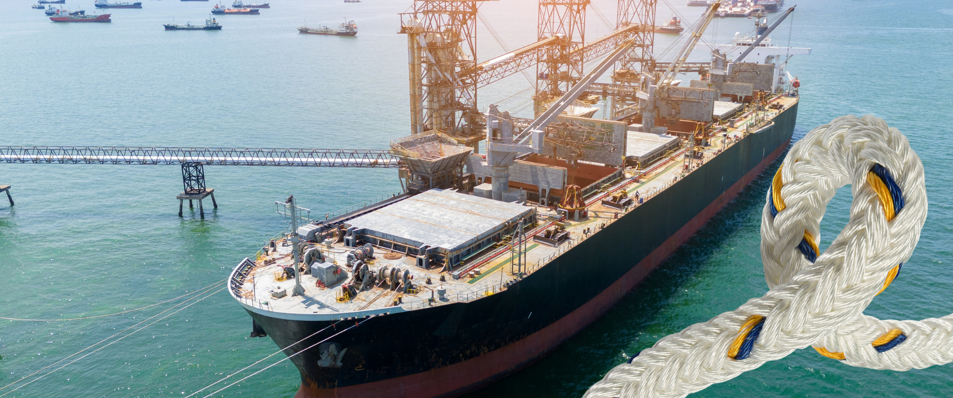 Large cargo ship moored at port using Katradis high-performance RSB mooring rope