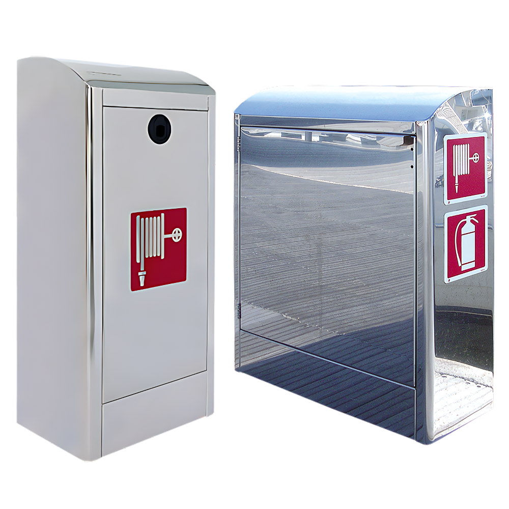 Stainless steel Marine Pedestal Model S700 & XL Fire with hose and extinguisher signage for marina fire safety
