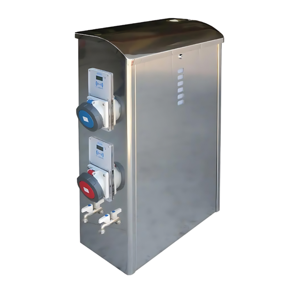 Stainless steel Marine Pedestal Model S1000-XXL with dual power sockets and water outlets.