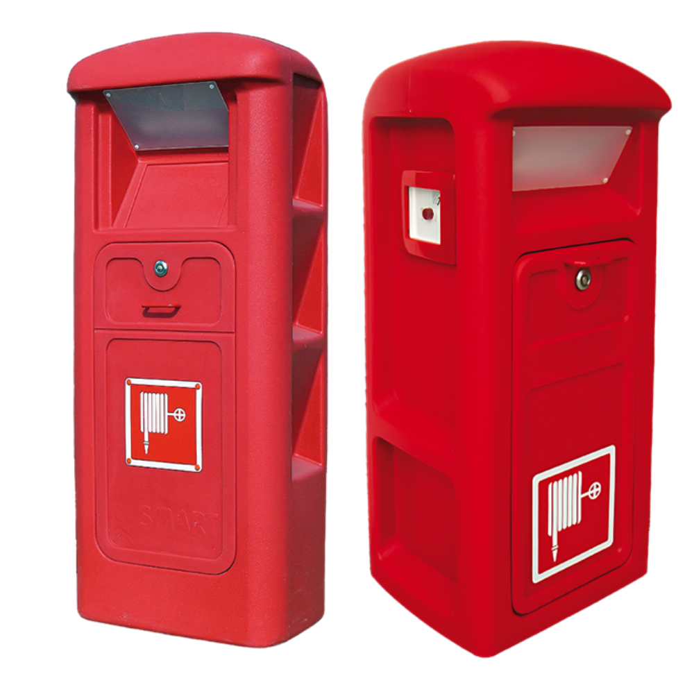 Red marine fire pedestals SMART FIRE and SMART-K FIRE with hose signage and emergency features