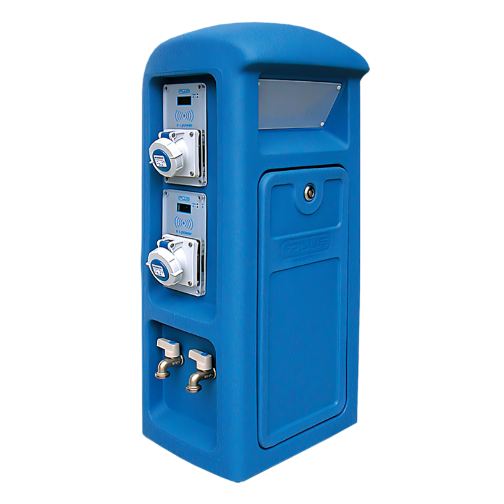Marine Pedestal SMART K – Blue marina utility pedestal with power sockets, water taps, and smart metering.