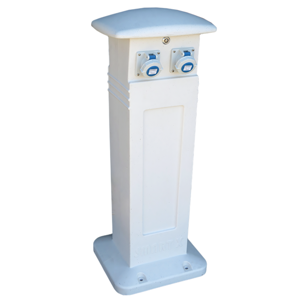 Marine Pedestal SMART - X with multiple sockets, water taps, and LED lighting for marina use.