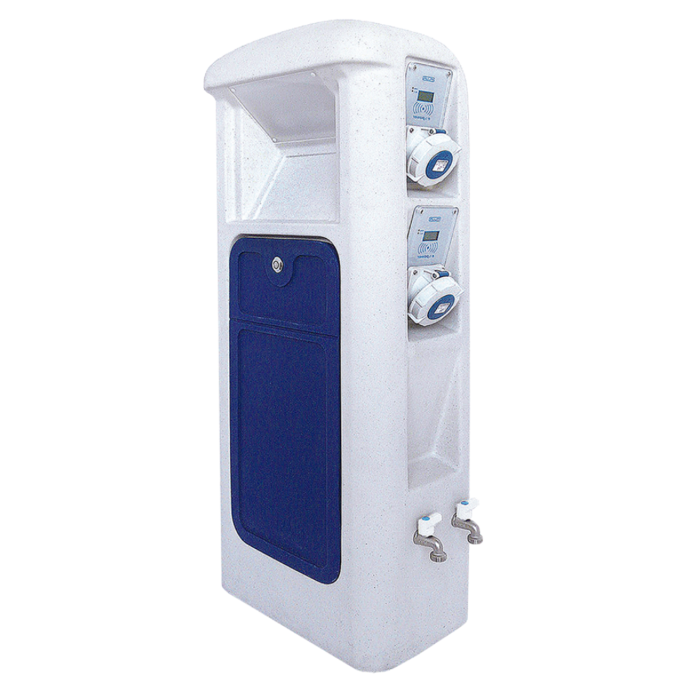 Marine Pedestal SMART with HDPE body, dual power sockets, and water taps