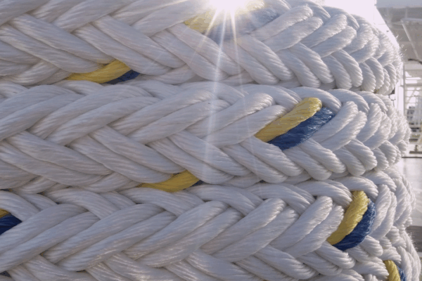 Close-up of UV-stabilized synthetic rope with sunlight flare in the background on ship deck