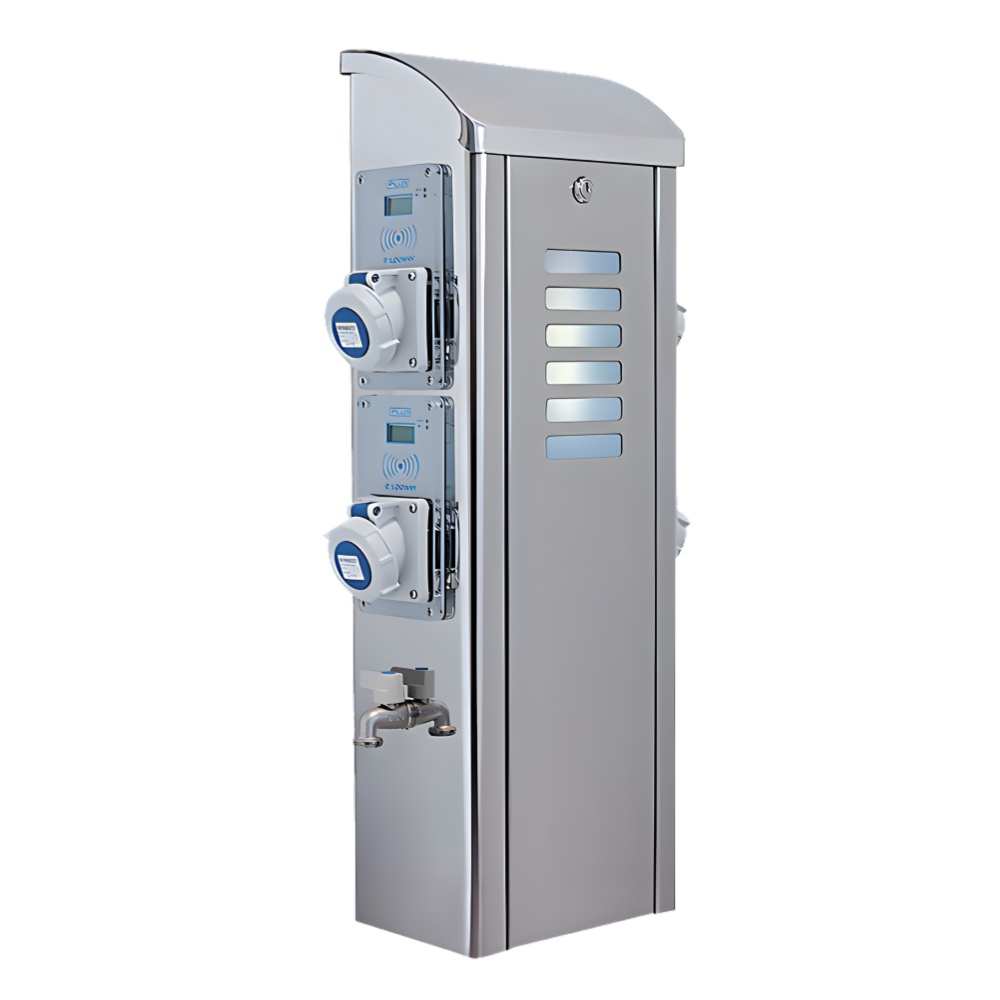 Marine Pedestal Model S700-L with stainless steel casing, IP56 protection, and multiple power sockets for marina applications.