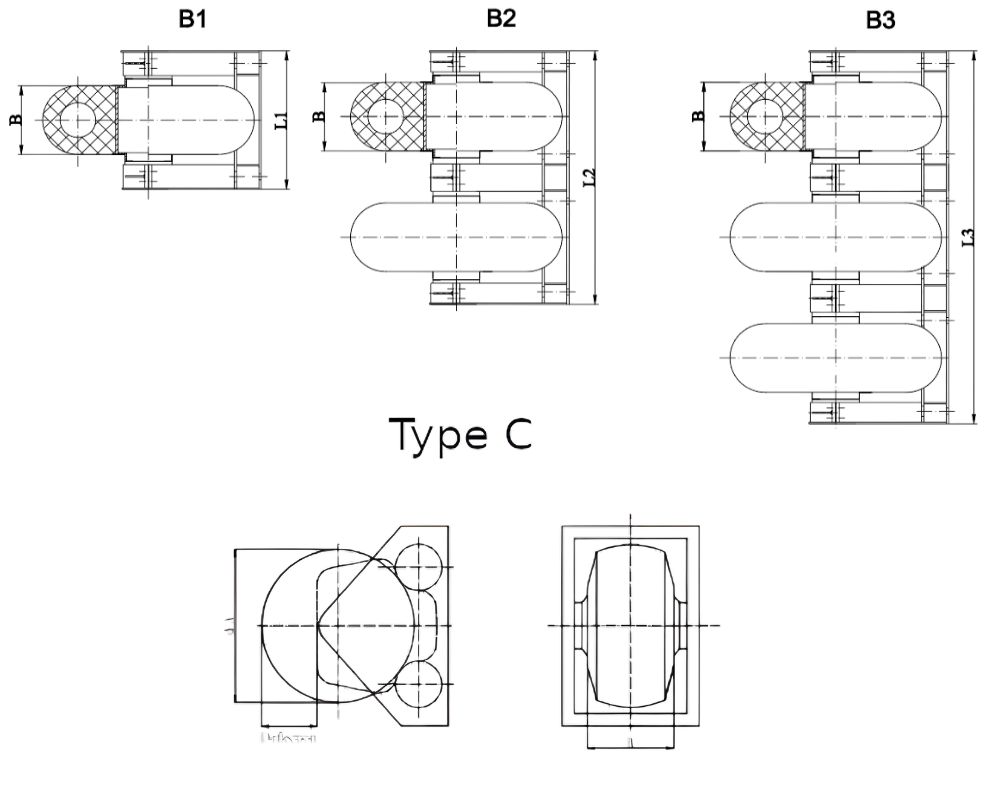 Technical drawing of Type C wheel fender system with single, double, and triple configurations