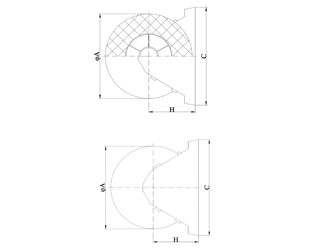 Technical side and front view of single wheel fender with base dimensions and curvature