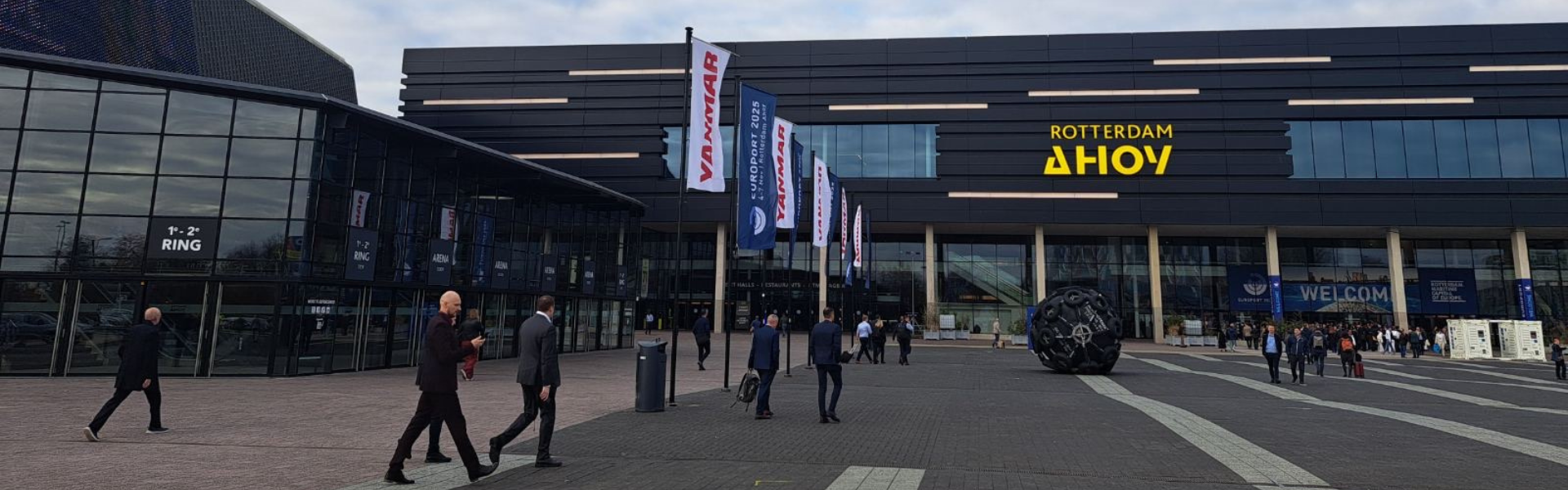 Rotterdam Ahoy entrance during Europort 2025 with visitors arriving at the maritime exhibition.