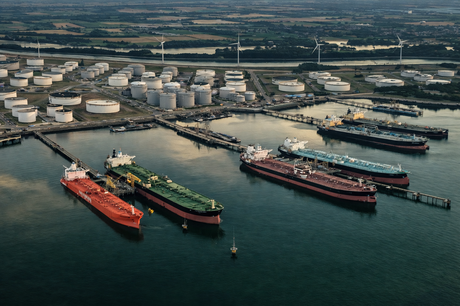 Oil and chemical tankers moored at terminal with tank farm, jetty system and offshore mooring infrastructure