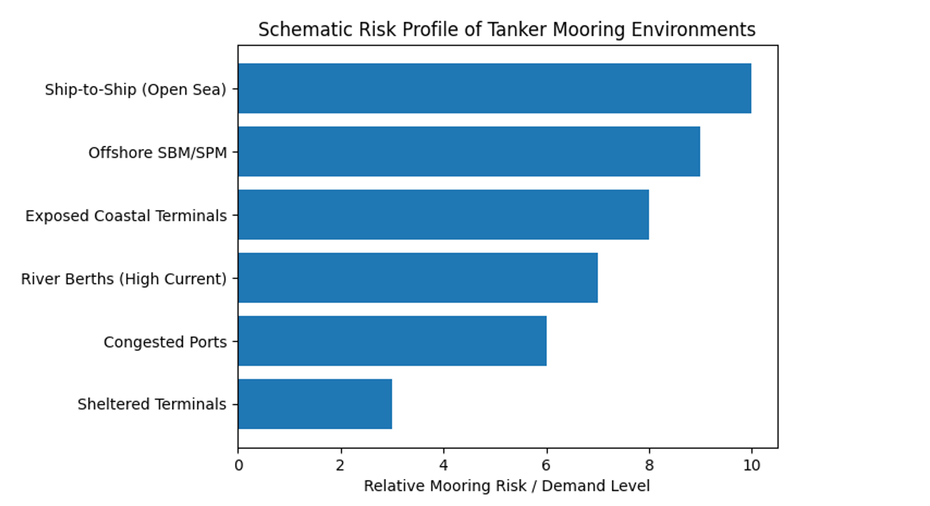 Schematic chart showing risk profile of tanker mooring environments across offshore, coastal, and port conditions