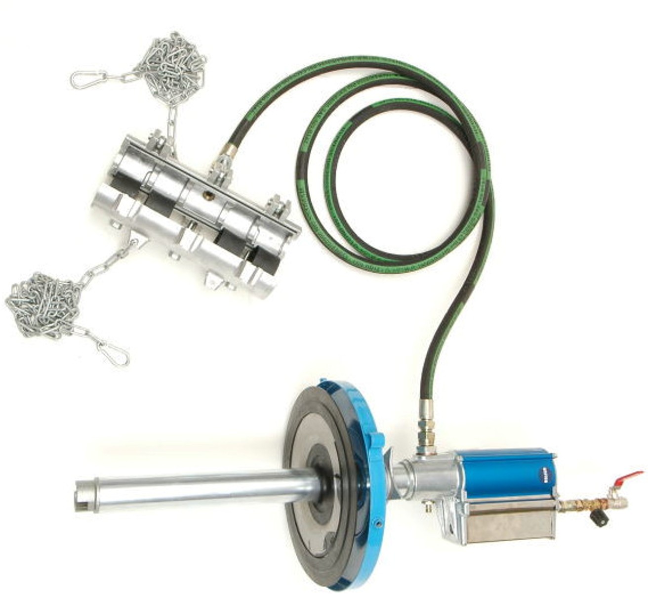 Pneumatic Wire Rope Lubricator with lubrication collar, air motor, and high-pressure hose for efficient wire rope maintenance.