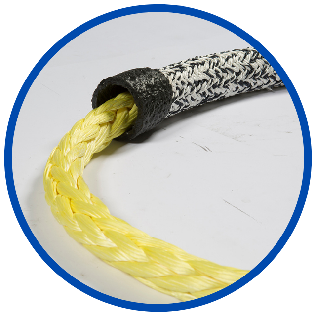 Yellow synthetic mooring rope with black protective sleeve