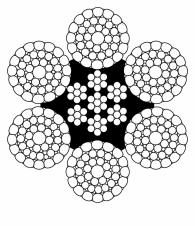 6×K36WS compacted steel core wire rope cross-section showing six compacted Warrington Seale strands surrounding an independent wire rope core.